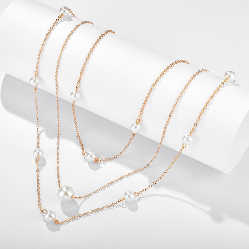 Multi-Layer Rhinestone & Faux Pearl Choker Collar Necklace – Gold/Silver Tone – Alloy Metal