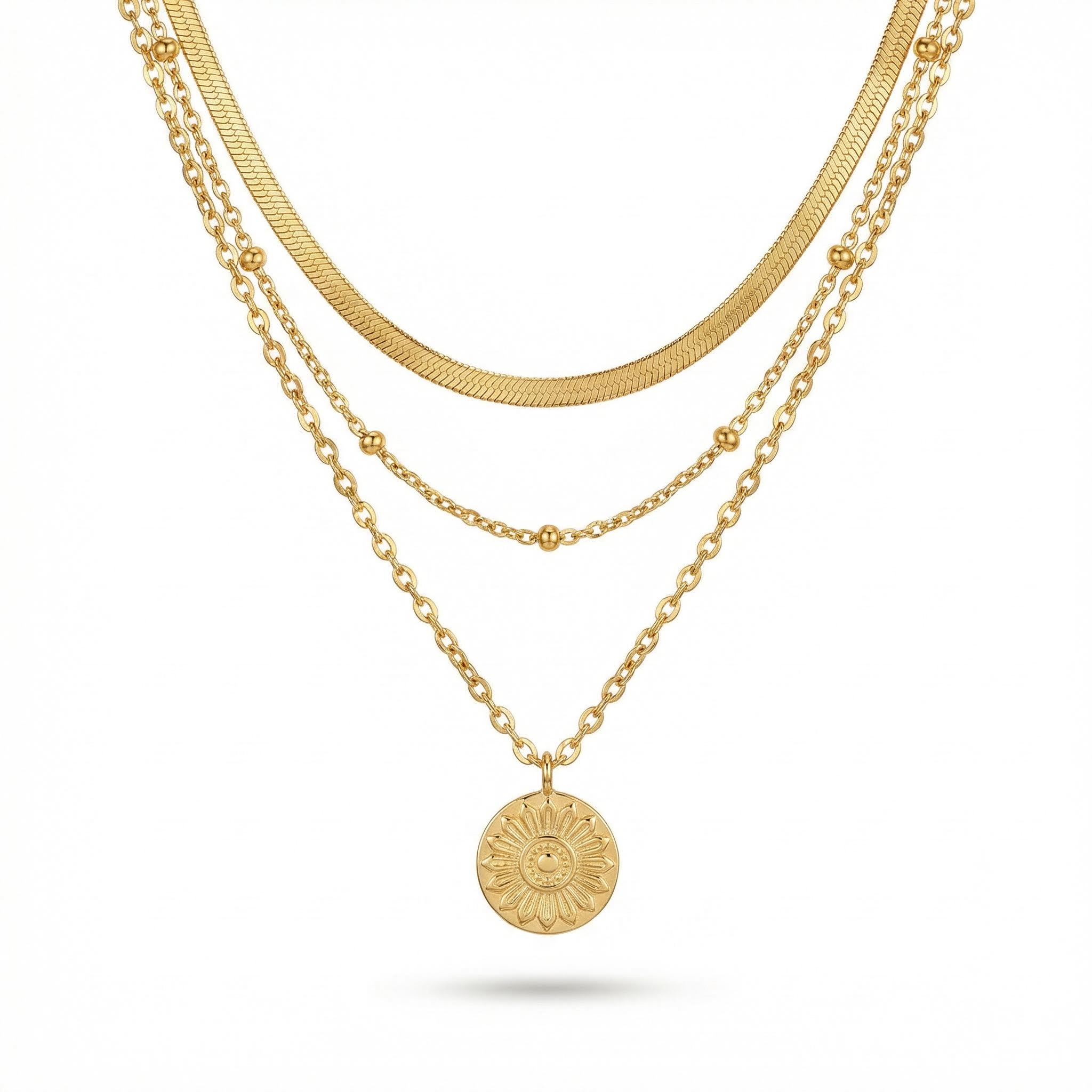 Snake Chain Beaded Chain Coin Pendant Layered Necklace