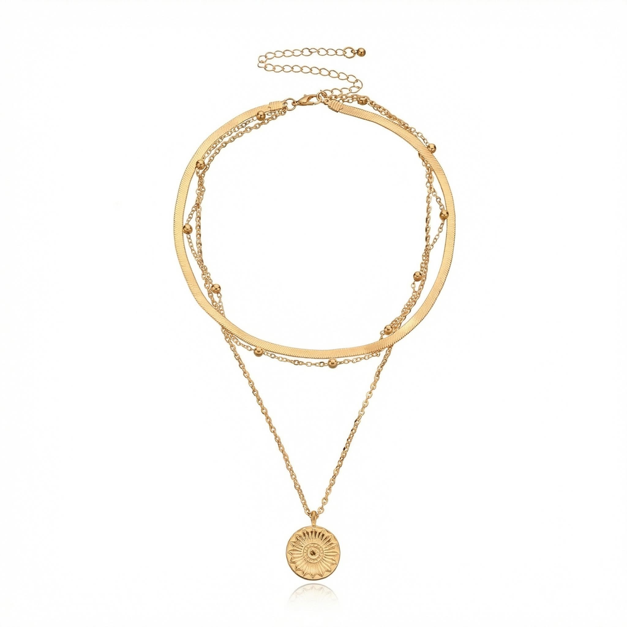 Snake Chain Beaded Chain Coin Pendant Layered Necklace