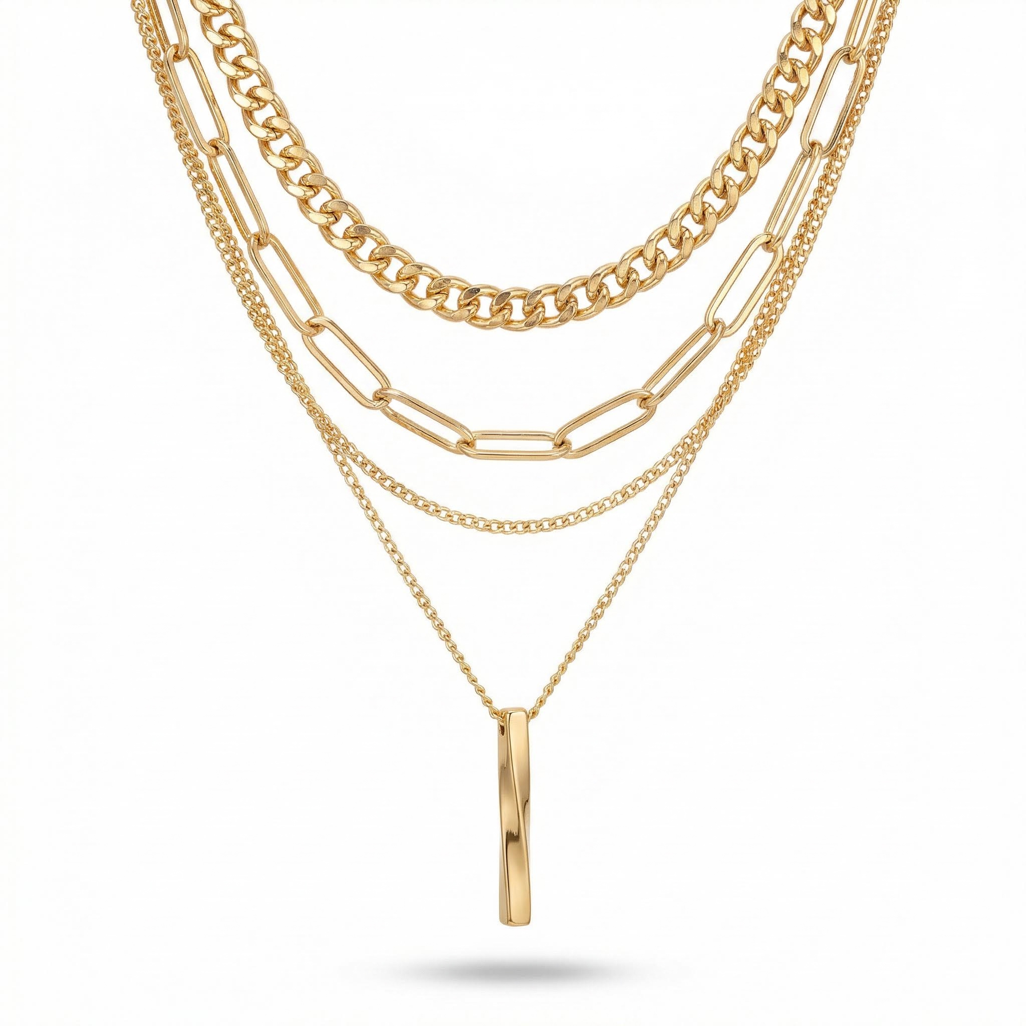 Twisted Rectangular Pendant Multilayer Chain Necklace