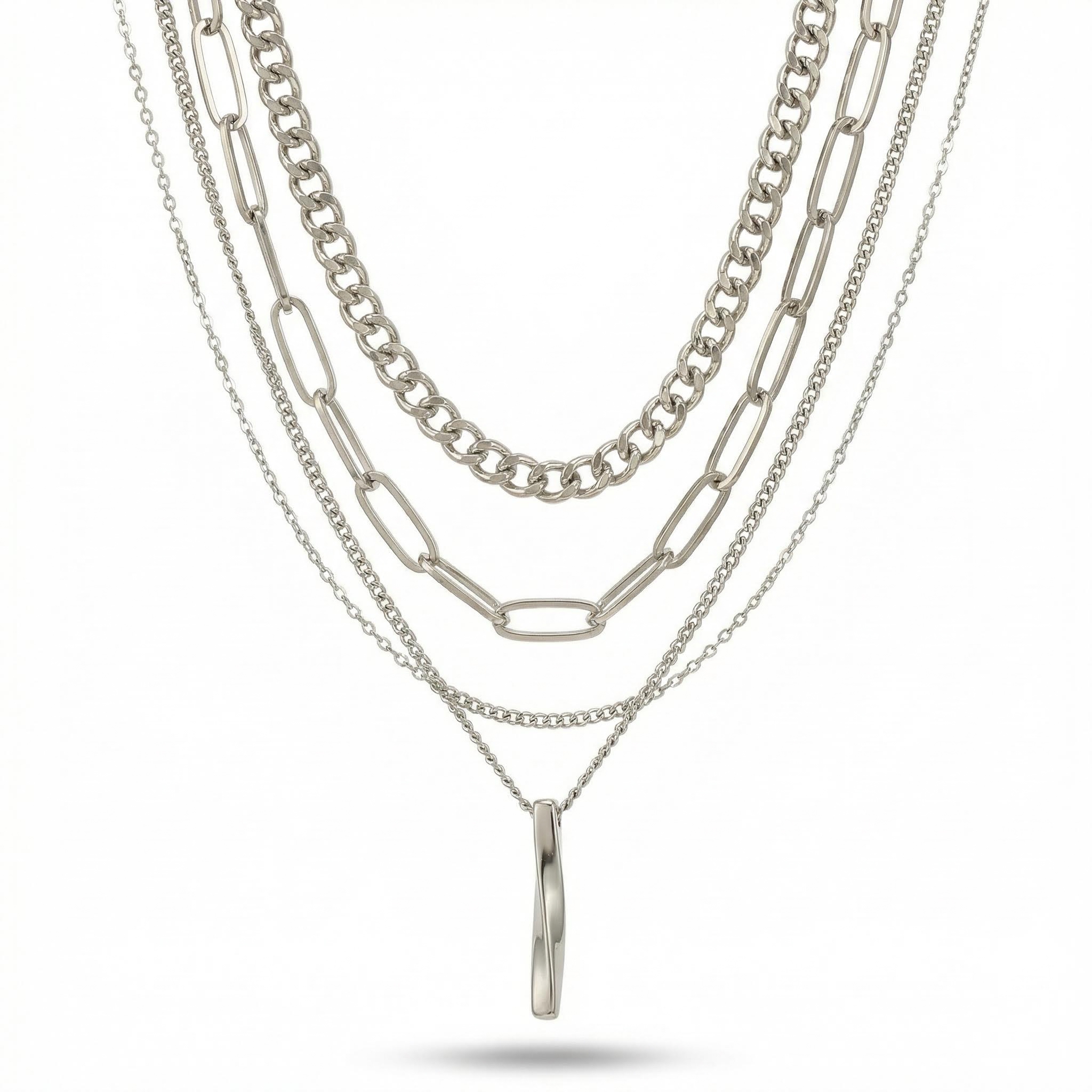Twisted Rectangular Pendant Multilayer Chain Necklace