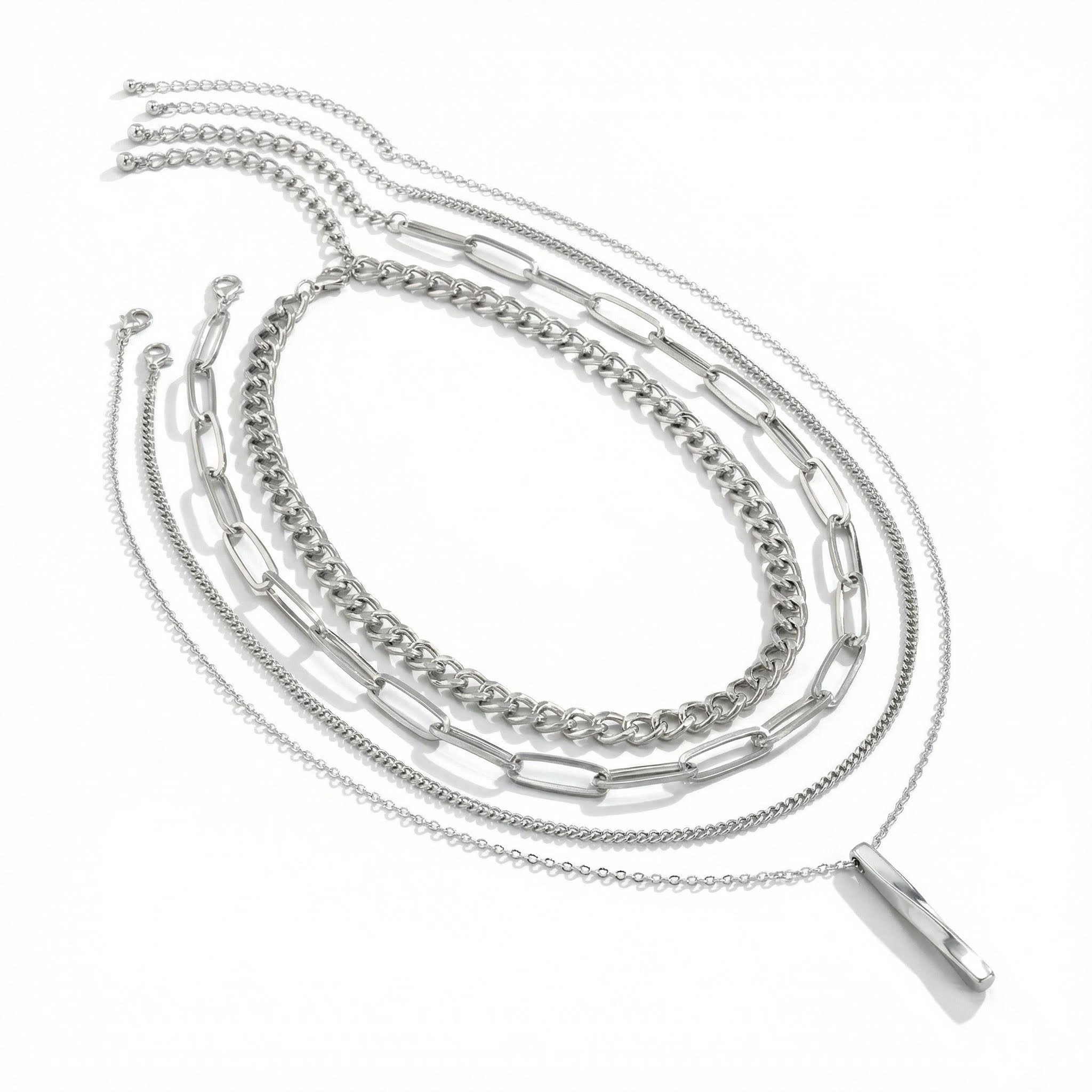 Twisted Rectangular Pendant Multilayer Chain Necklace