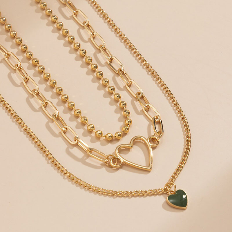 3Pcs Heart Pendant Beaded Chain Layered Necklace