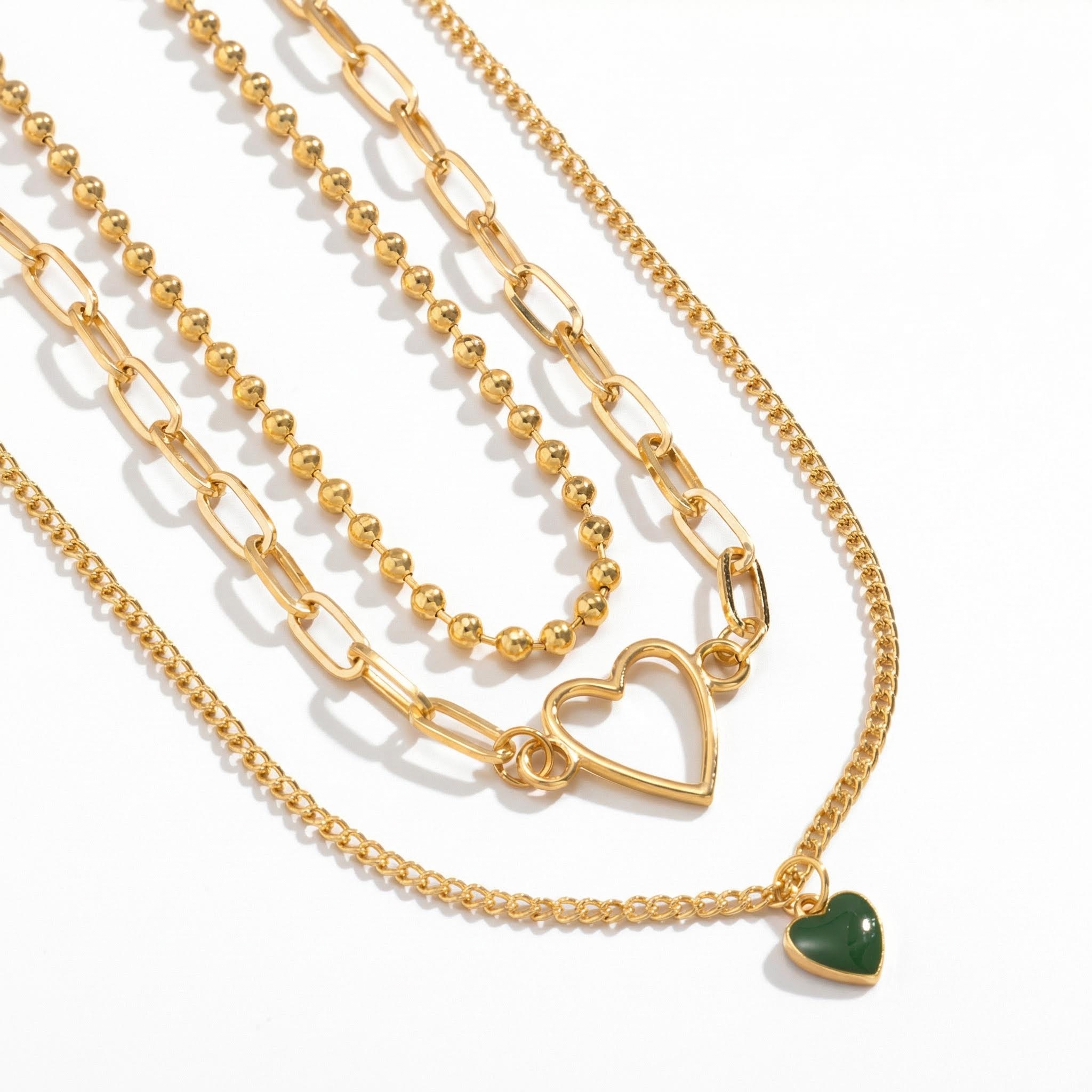 3Pcs Heart Pendant Beaded Chain Layered Necklace