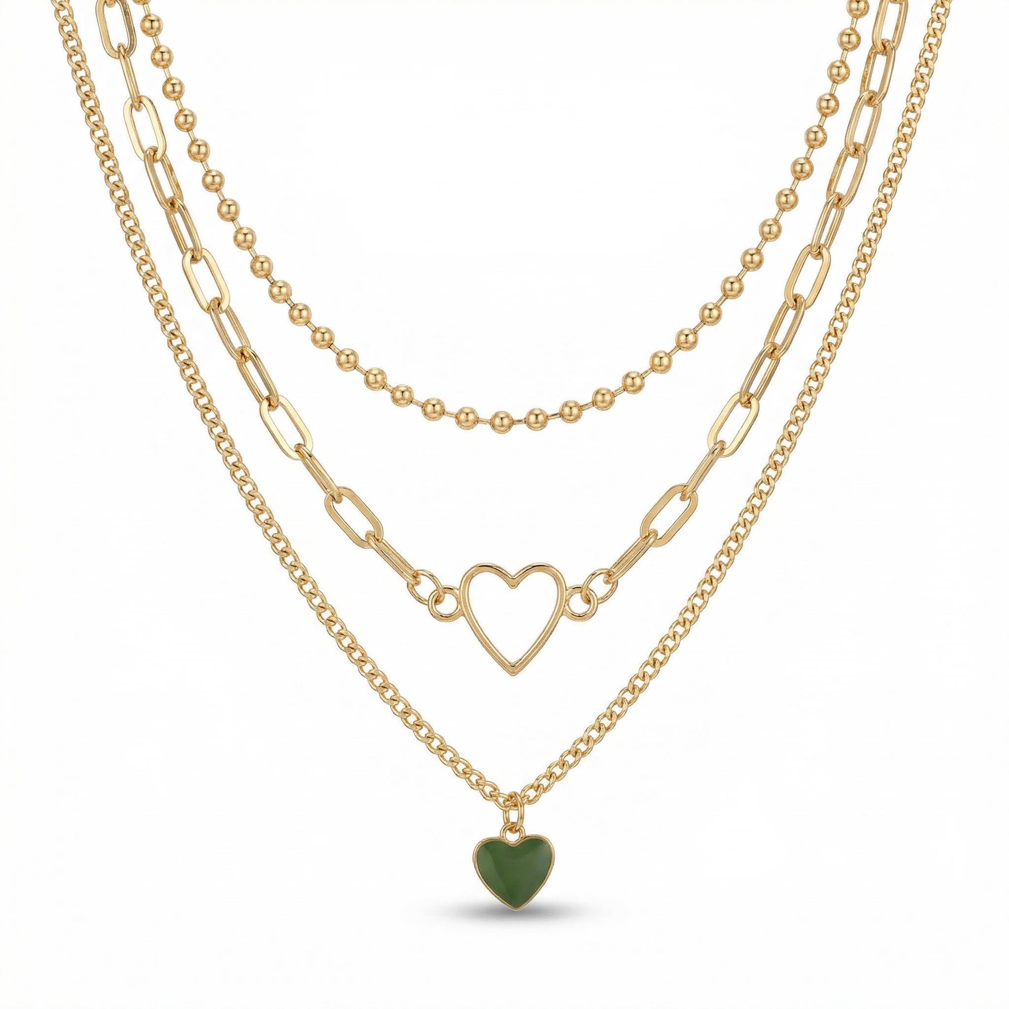 3Pcs Heart Pendant Beaded Chain Layered Necklace