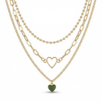 3Pcs Heart Pendant Beaded Chain Layered Necklace