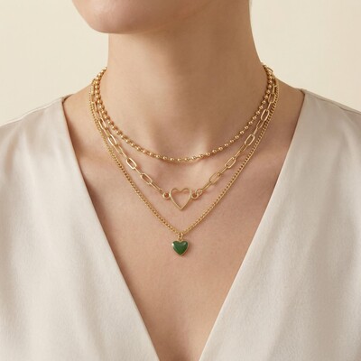 3Pcs Heart Pendant Beaded Chain Layered Necklace