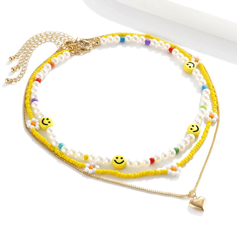 Smile Face Heart Daisy Beaded Necklace Set