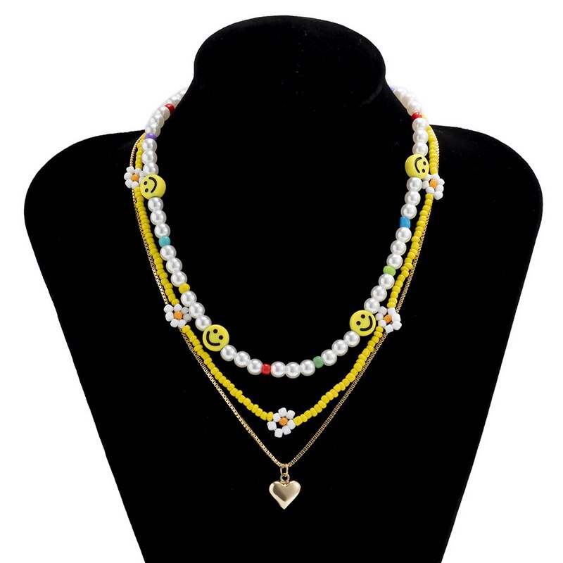 Smile Face Heart Daisy Beaded Necklace Set