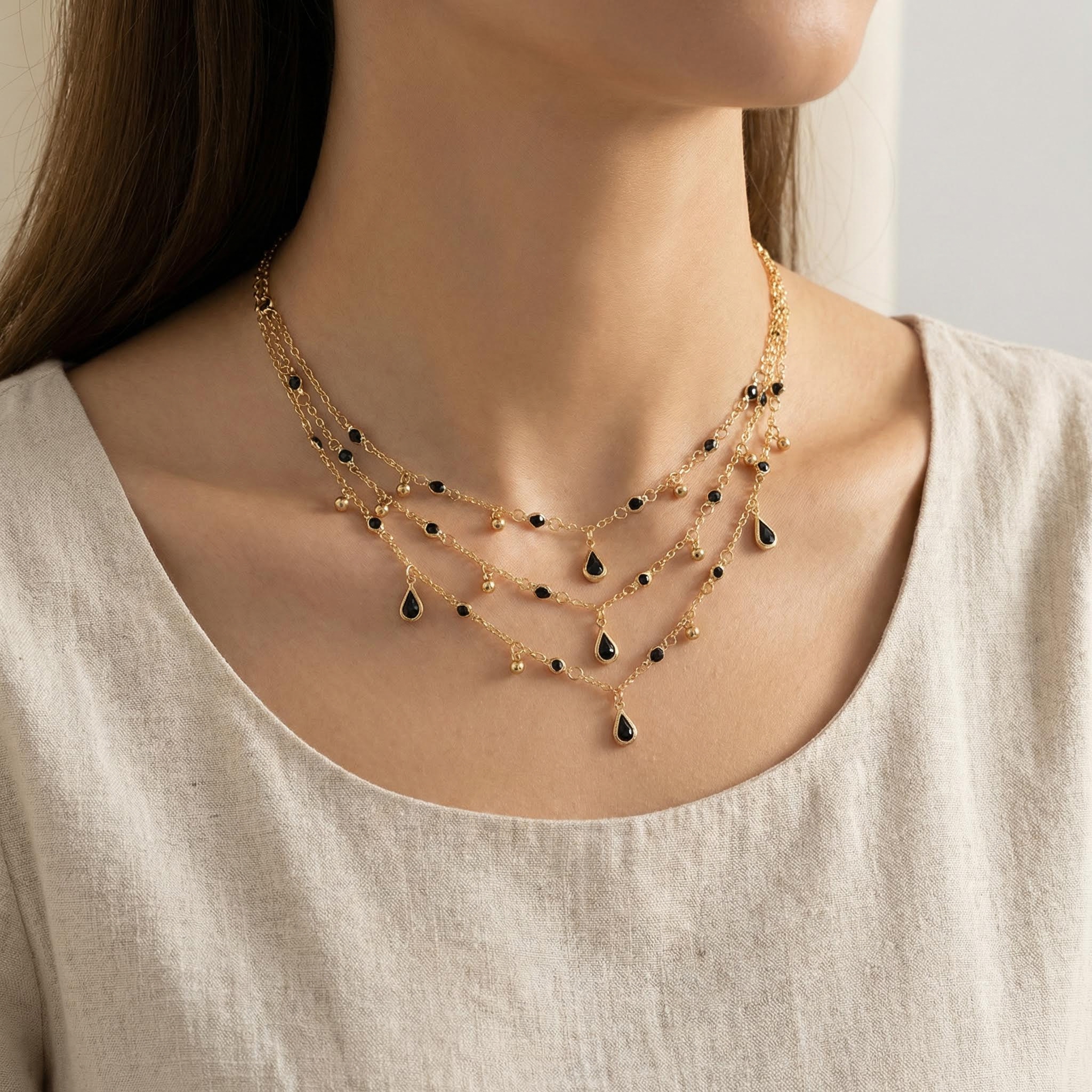 3Pcs Black Crystal Pendant Necklaces