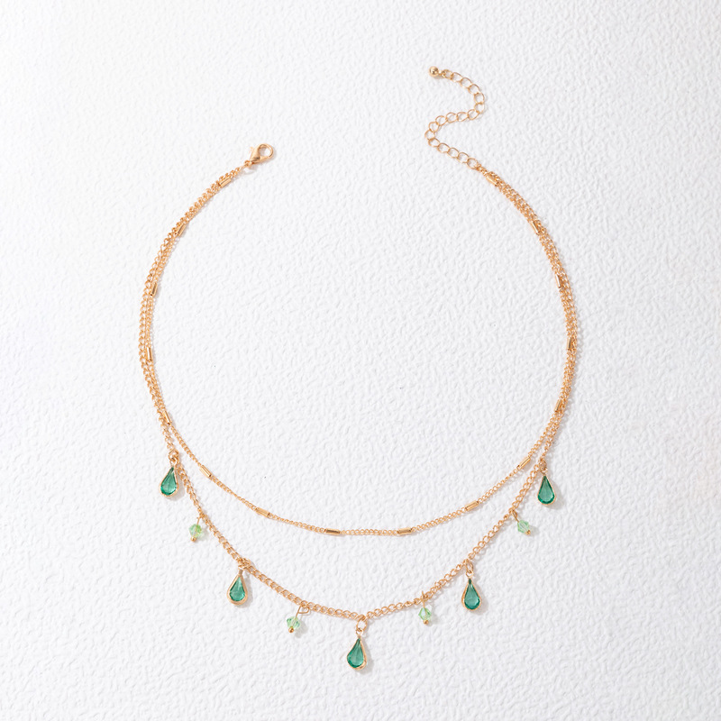 Green Crystal Waterdrop Charm Layered Necklace