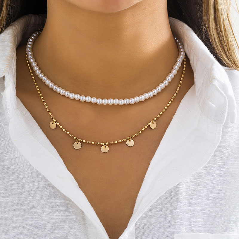  Round Sequins Pearl Chain Necklace Set
