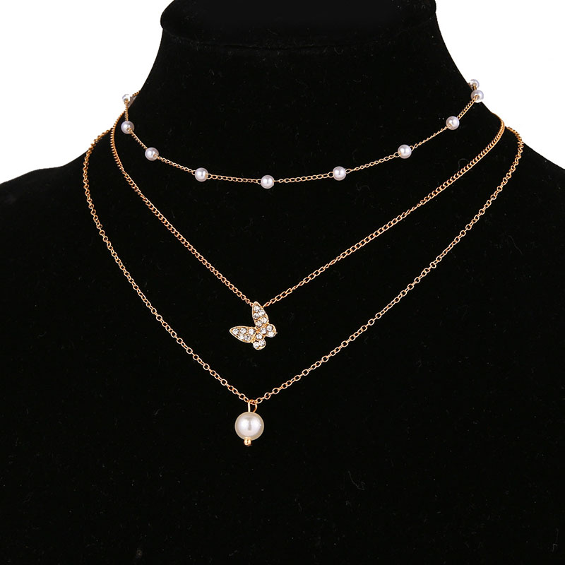 Butterfly Pearl Charm Beaded Chain Necklace Set