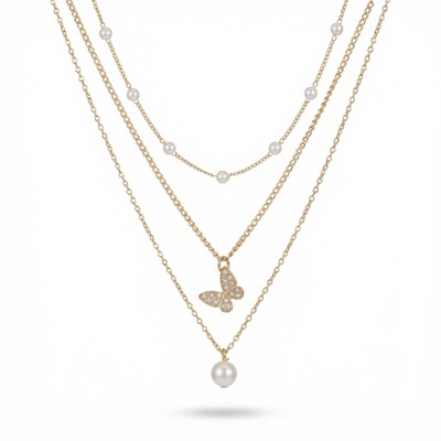 Butterfly Pearl Charm Beaded Chain Necklace Set