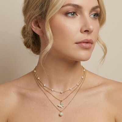 Butterfly Pearl Charm Beaded Chain Necklace Set