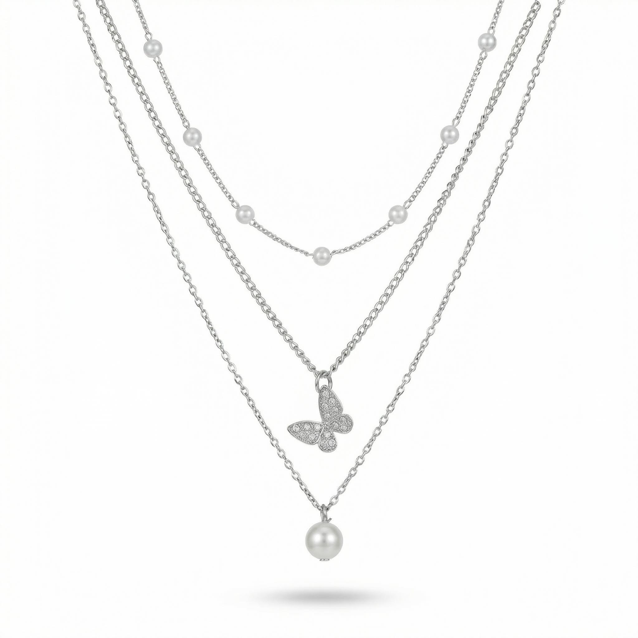 Butterfly Pearl Charm Beaded Chain Necklace Set