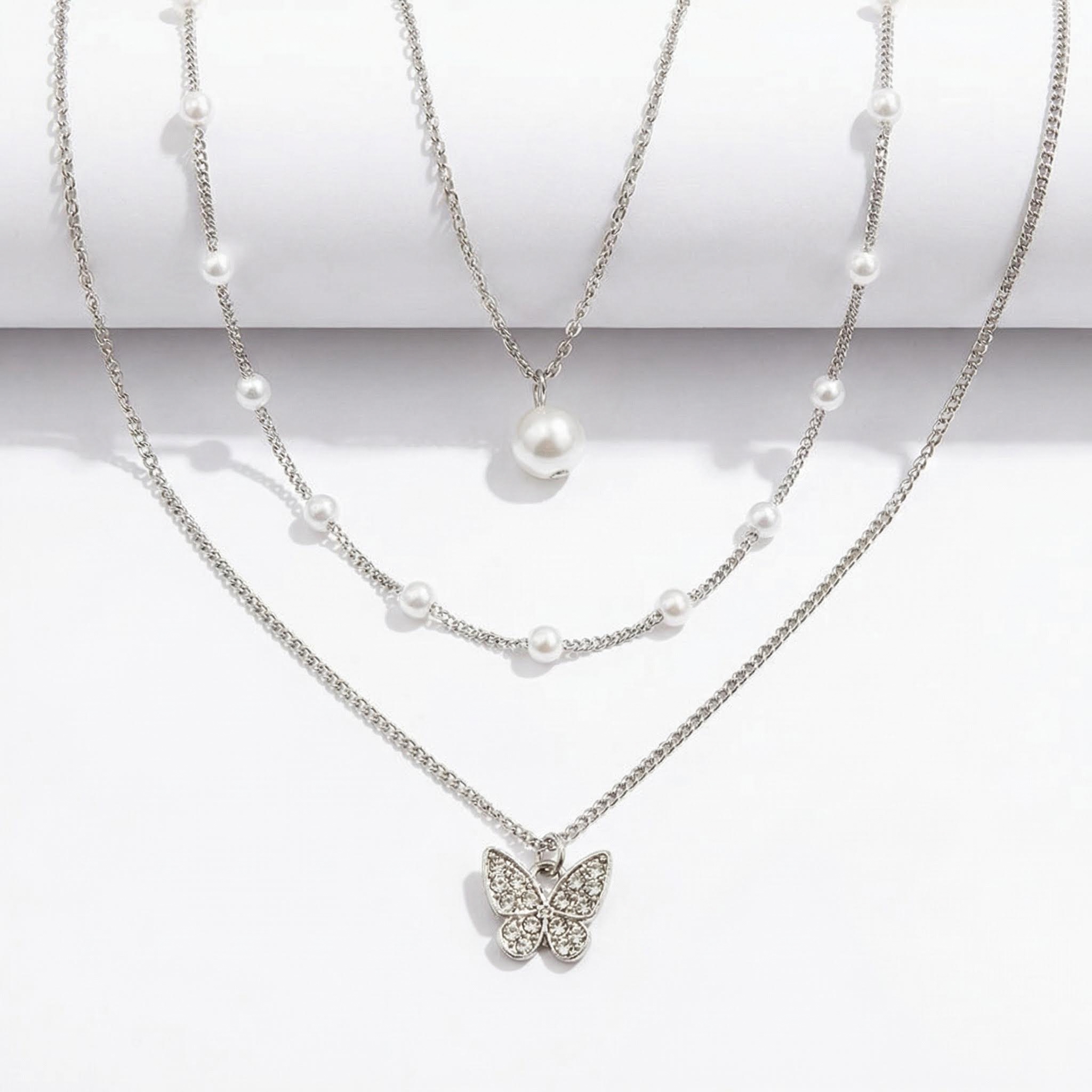 Butterfly Pearl Charm Beaded Chain Necklace Set