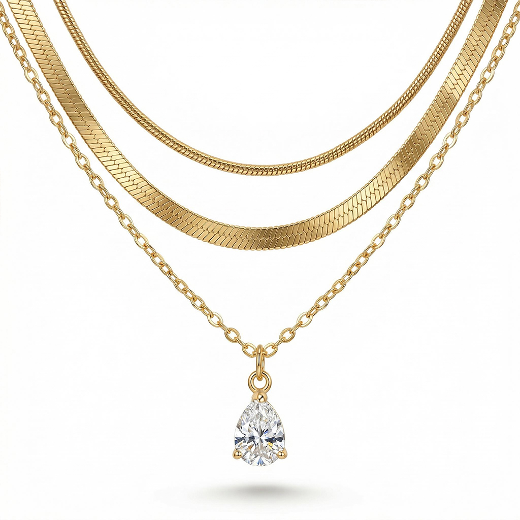 Waterdrop Crystal Charm Snake Chain Necklace Set