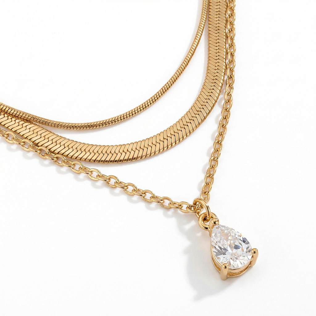 Waterdrop Crystal Charm Snake Chain Necklace Set