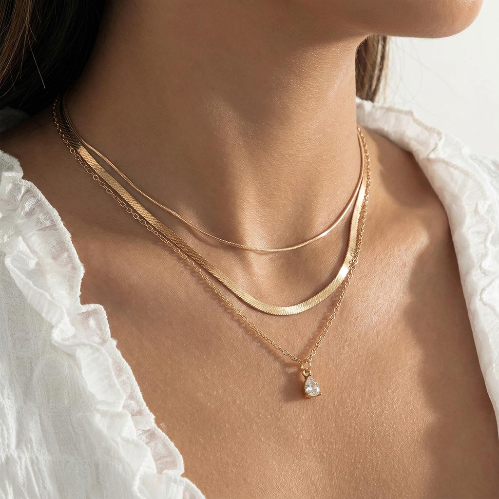 Waterdrop Crystal Charm Snake Chain Necklace Set