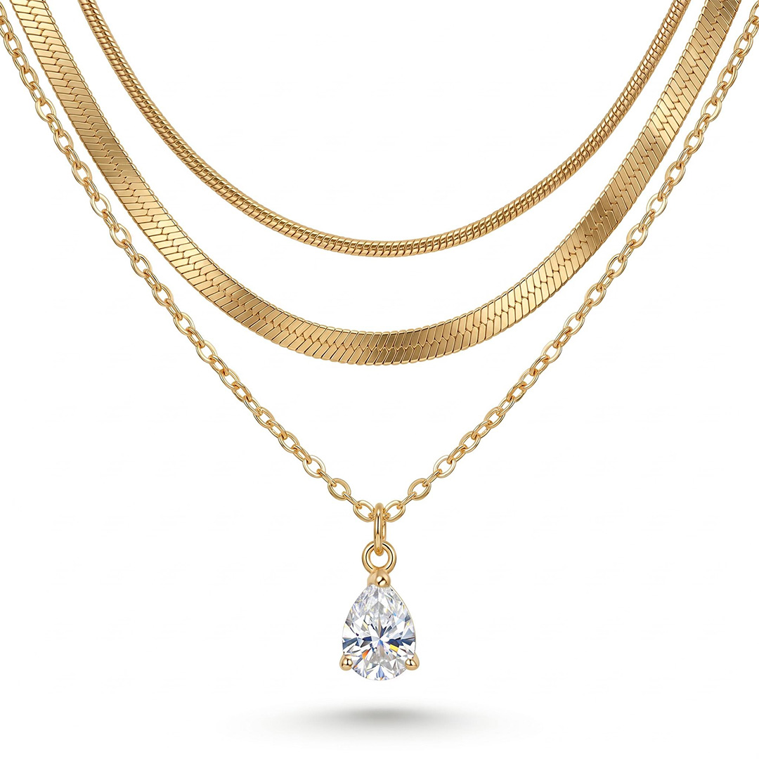 Waterdrop Crystal Charm Snake Chain Necklace Set