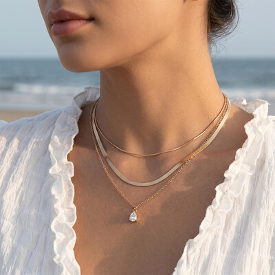 Waterdrop Crystal Charm Snake Chain Necklace Set