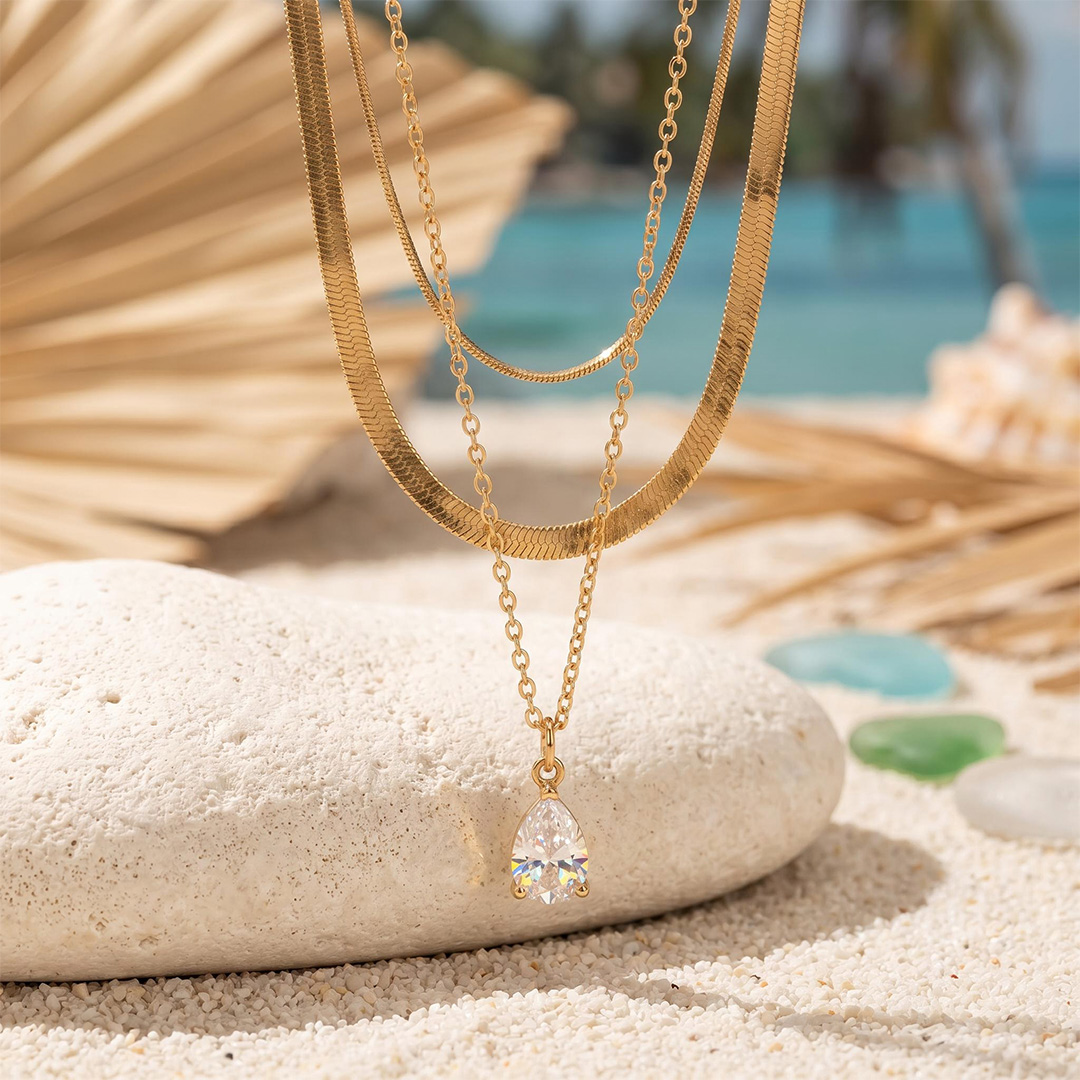 Waterdrop Crystal Charm Snake Chain Necklace Set