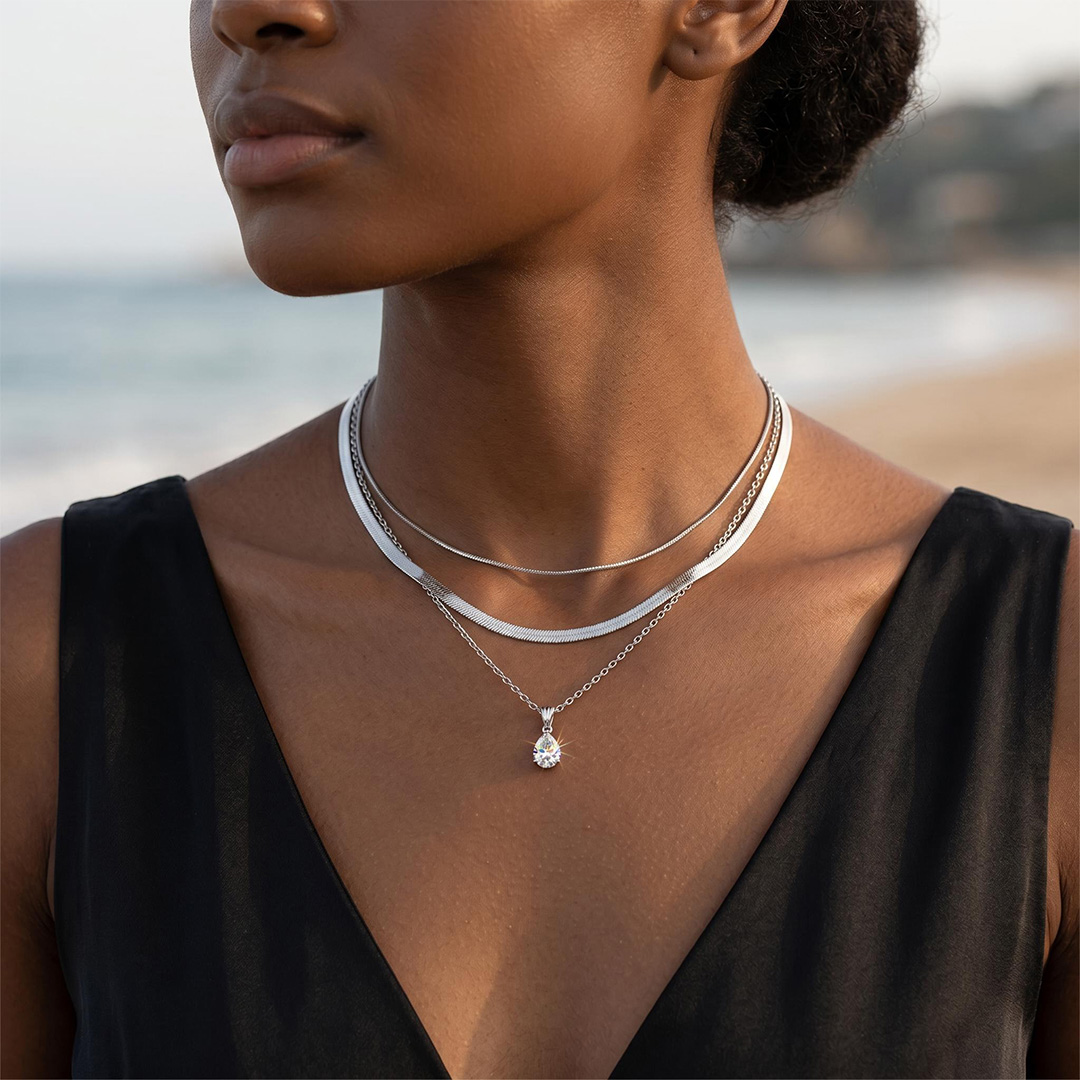 Waterdrop Crystal Charm Snake Chain Necklace Set