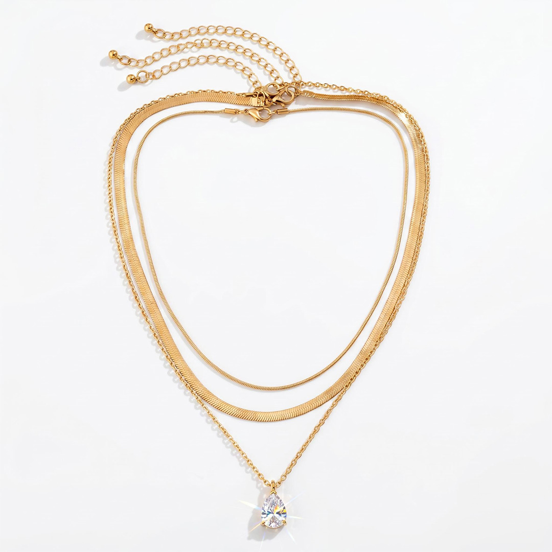 Waterdrop Crystal Charm Snake Chain Necklace Set