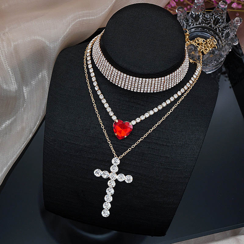 3Pcs Crystal Cross Heart Pendant Necklace Tennis Chain Choker Necklaces