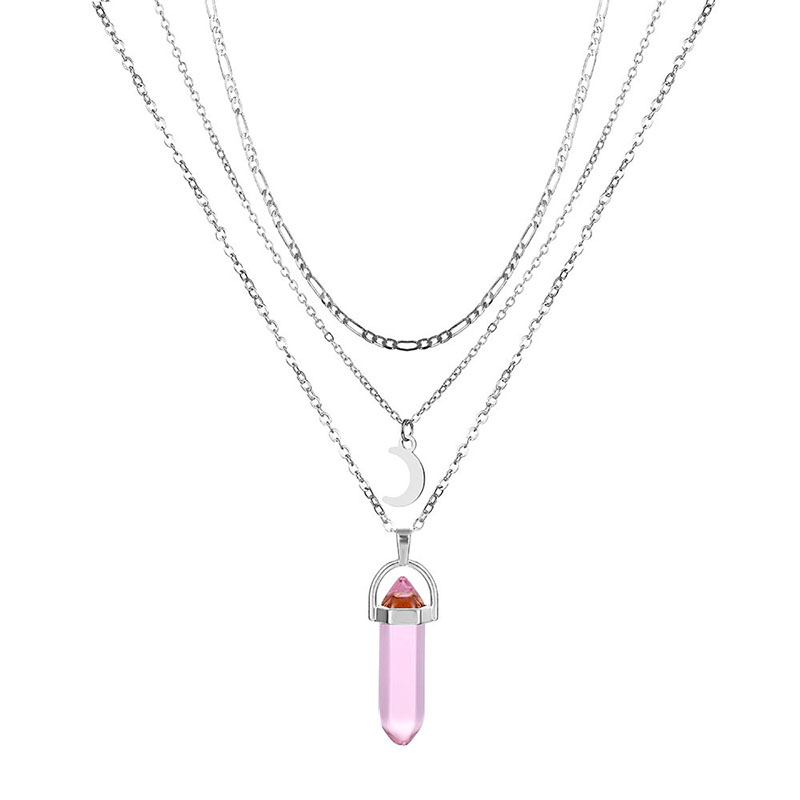 Moon Pink Crystal Pendant Figaro Chain Layered Necklace