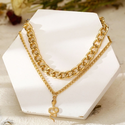 Snake Pendant Chunky Chain Layered Necklace