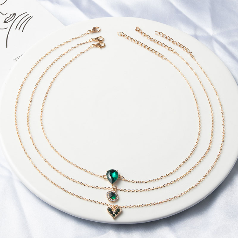 3Pcs Emerald Heart Waterdrop Pendant Gold Chain Necklaces