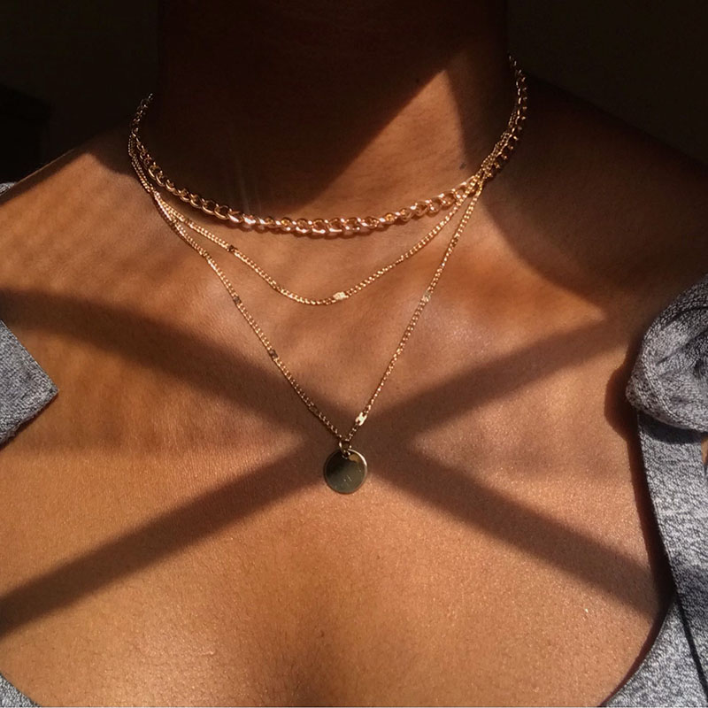 Round Pendant Sunburst Cuban Chain Layered Necklace