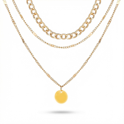 Round Pendant Sunburst Cuban Chain Layered Necklace