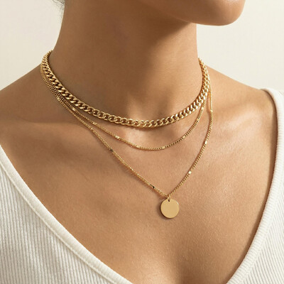 Round Pendant Sunburst Cuban Chain Layered Necklace