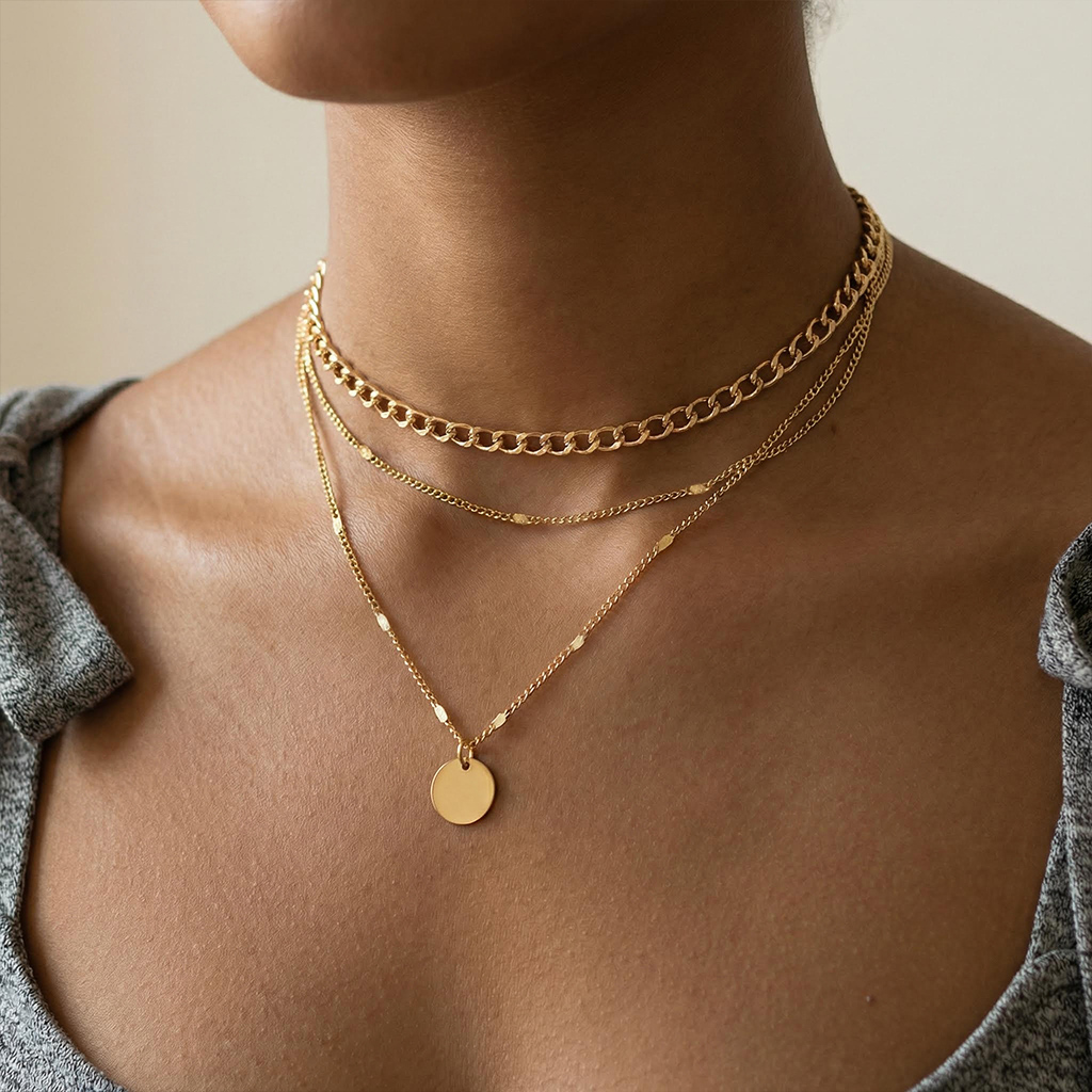 Round Pendant Sunburst Cuban Chain Layered Necklace