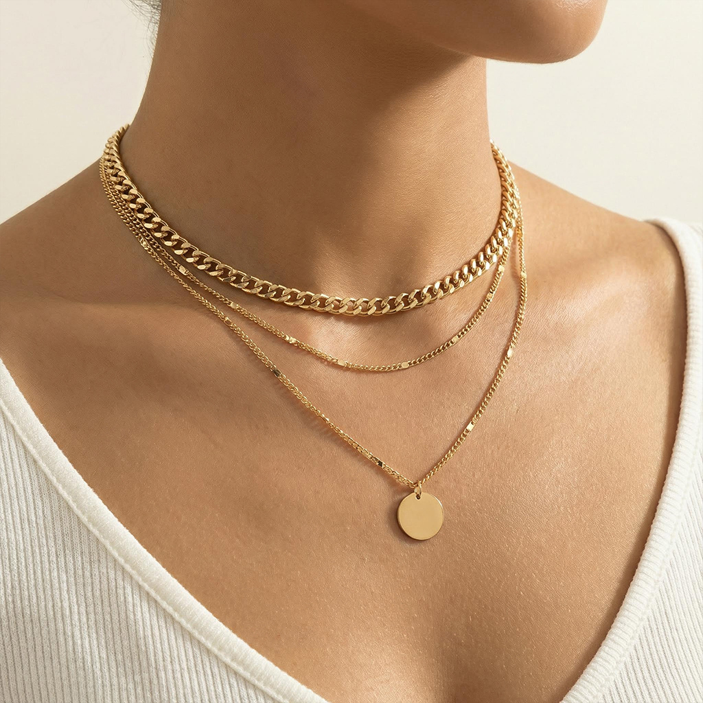 Round Pendant Sunburst Cuban Chain Layered Necklace