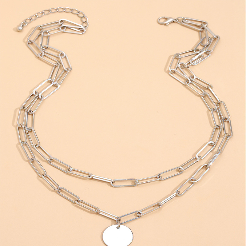  Round Charm Rectangle Link Chain Layered Necklace