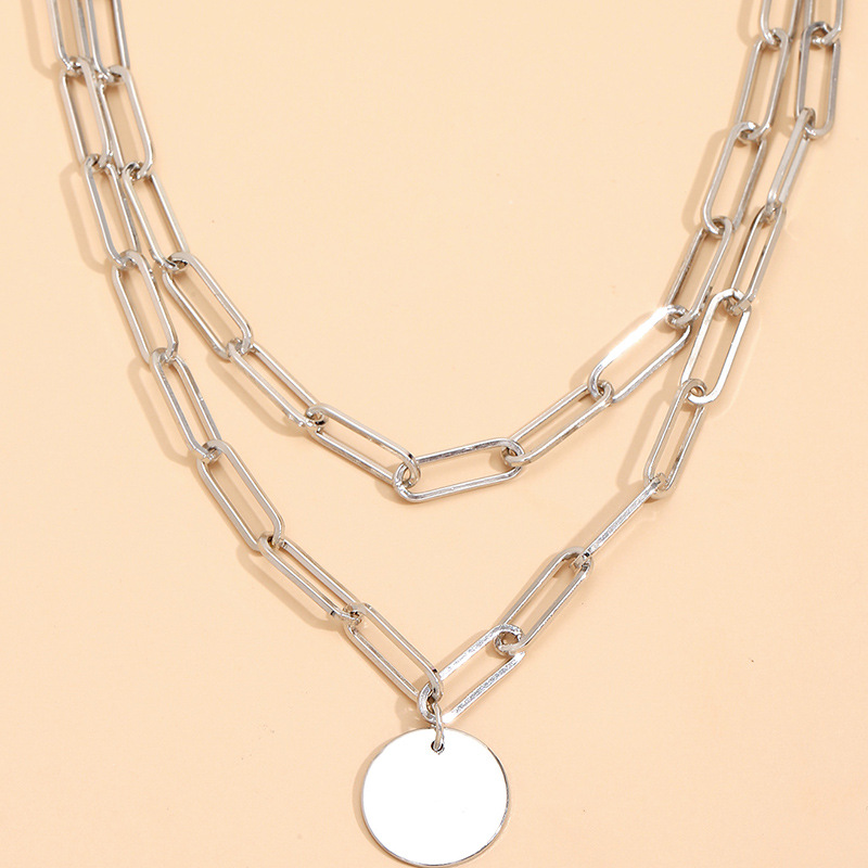  Round Charm Rectangle Link Chain Layered Necklace
