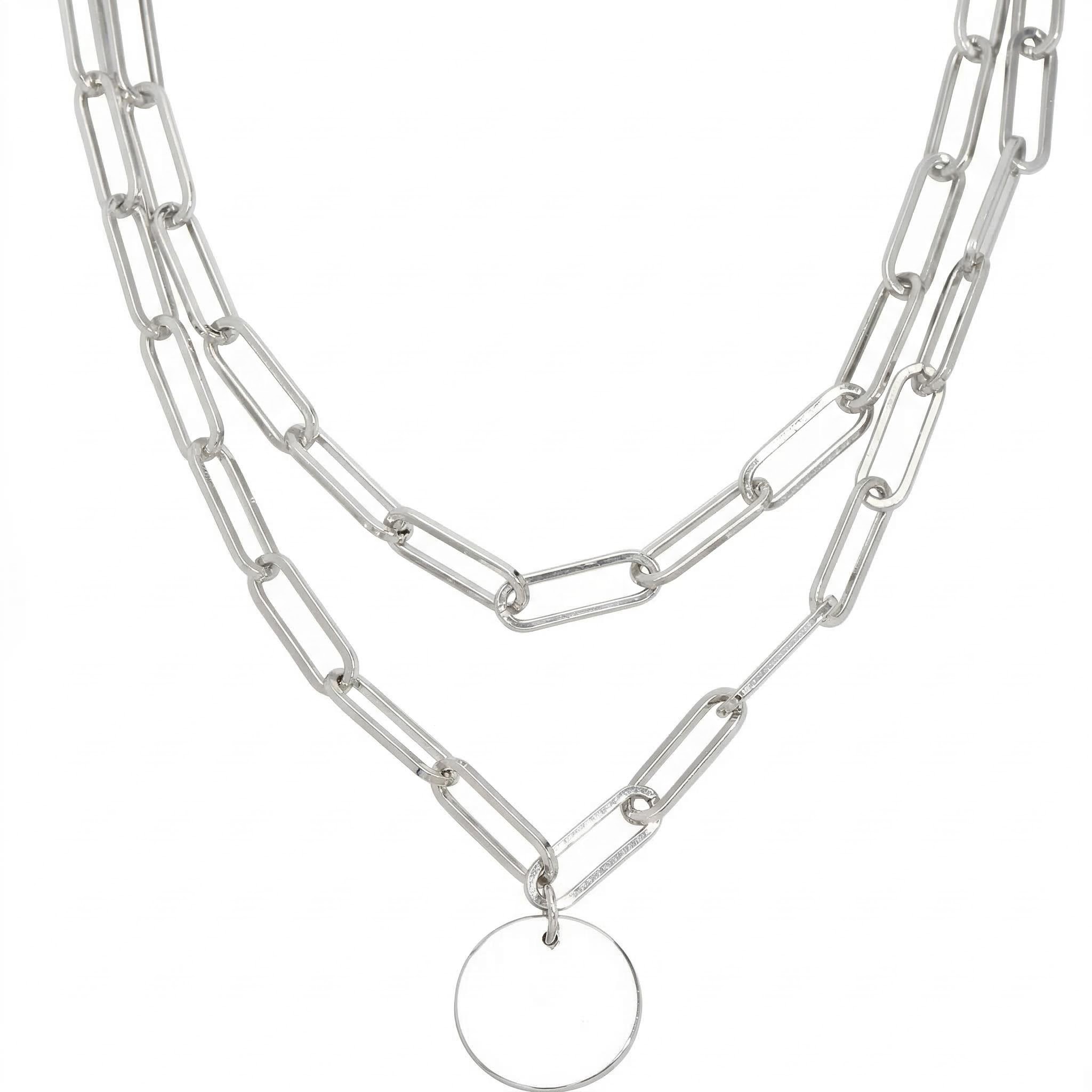  Round Charm Rectangle Link Chain Layered Necklace