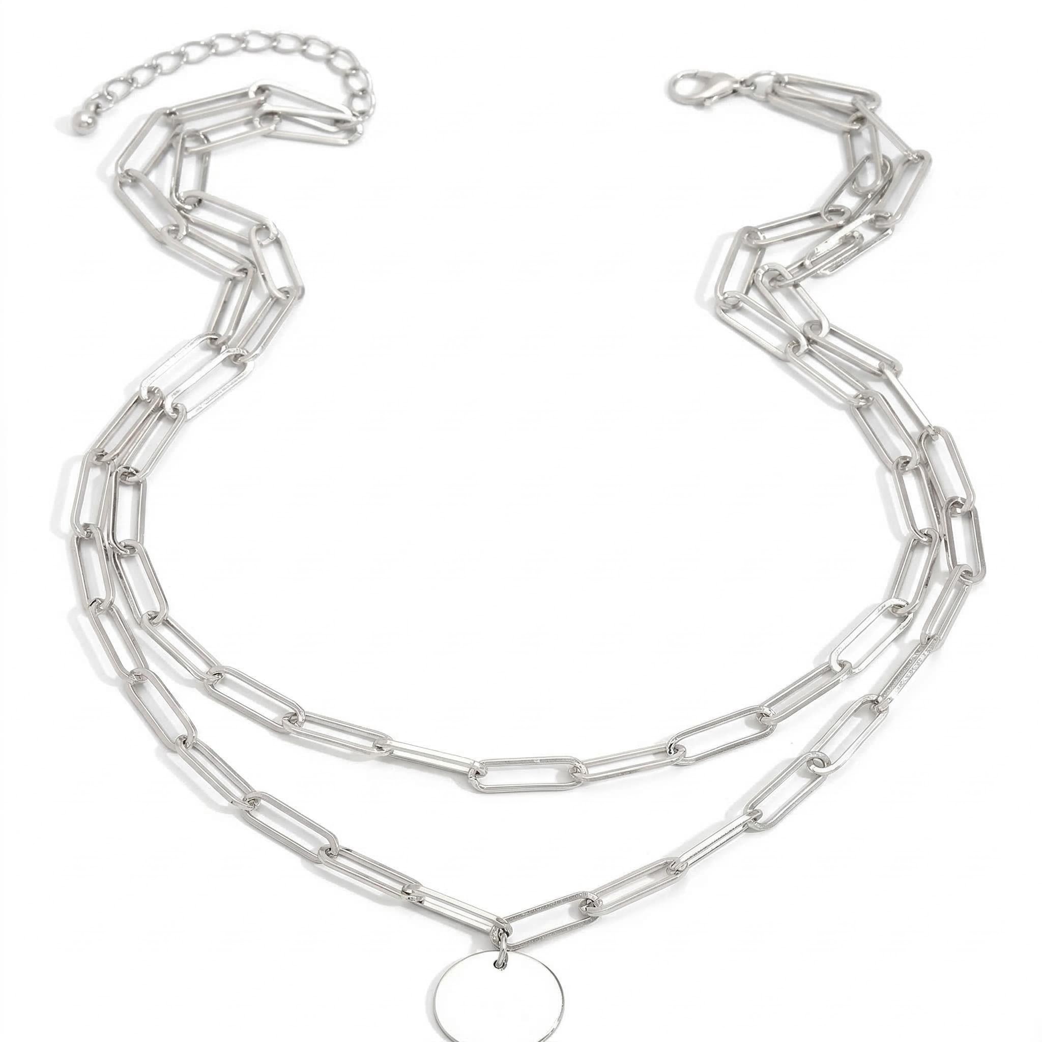  Round Charm Rectangle Link Chain Layered Necklace