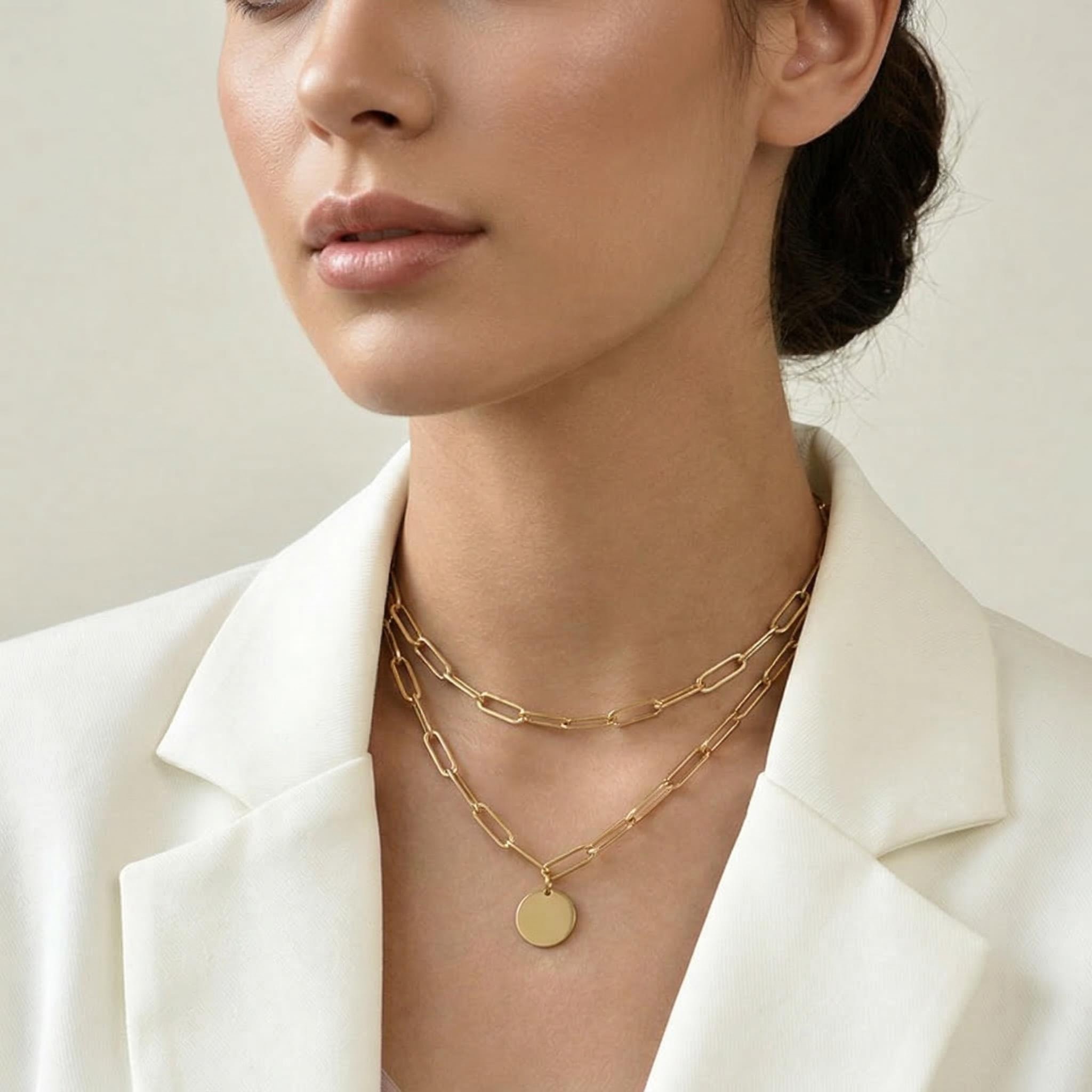 Round Charm Rectangle Link Chain Layered Necklace Round Charm Rectangle Link Chain Layered Necklace