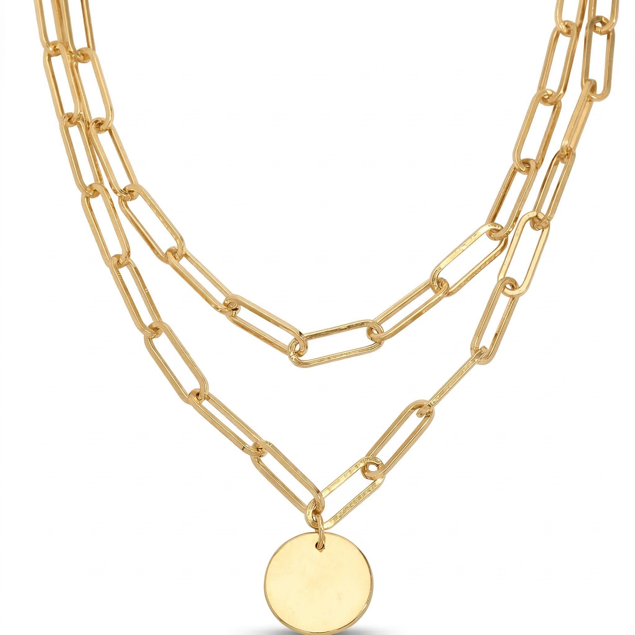 Round Charm Rectangle Link Chain Layered Necklace Round Charm Rectangle Link Chain Layered Necklace