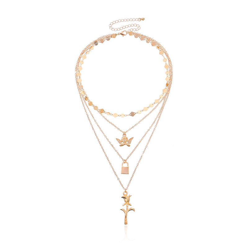 Angel Lock Rose Pendant Layered Necklace