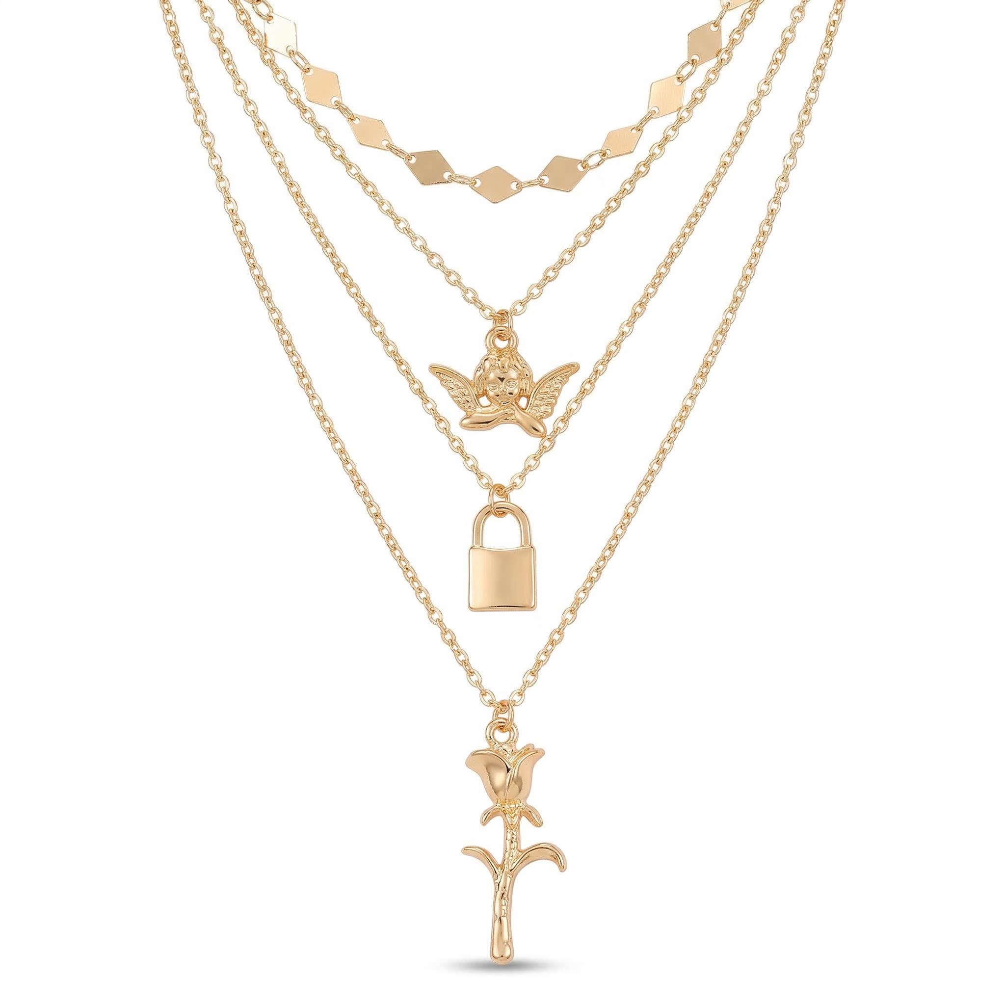 Angel Lock Rose Pendant Layered Necklace