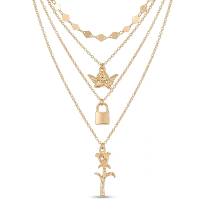 Angel Lock Rose Pendant Layered Necklace