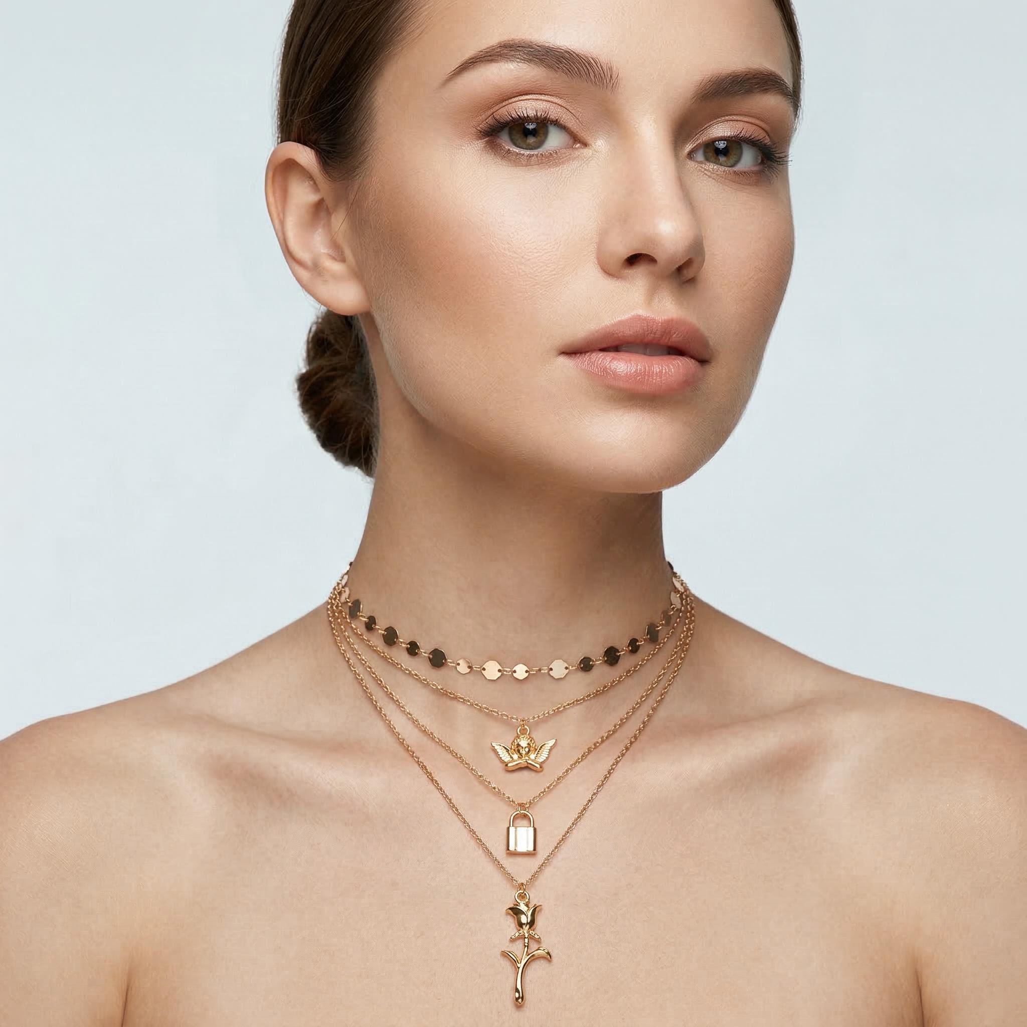Angel Lock Rose Pendant Layered Necklace