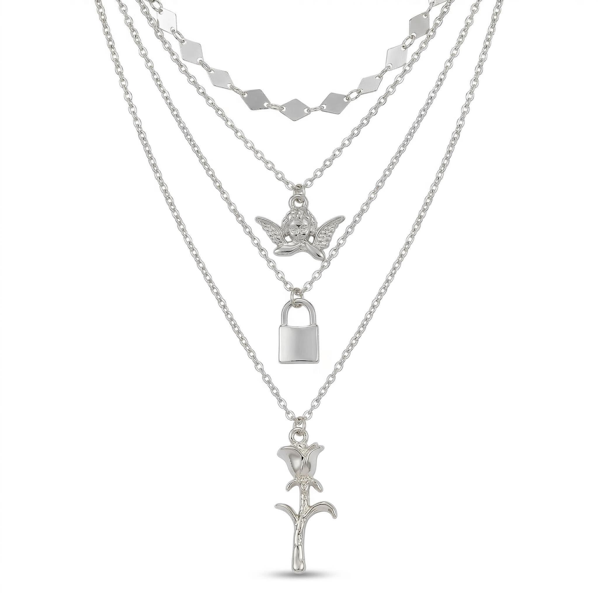 Angel Lock Rose Pendant Layered Necklace