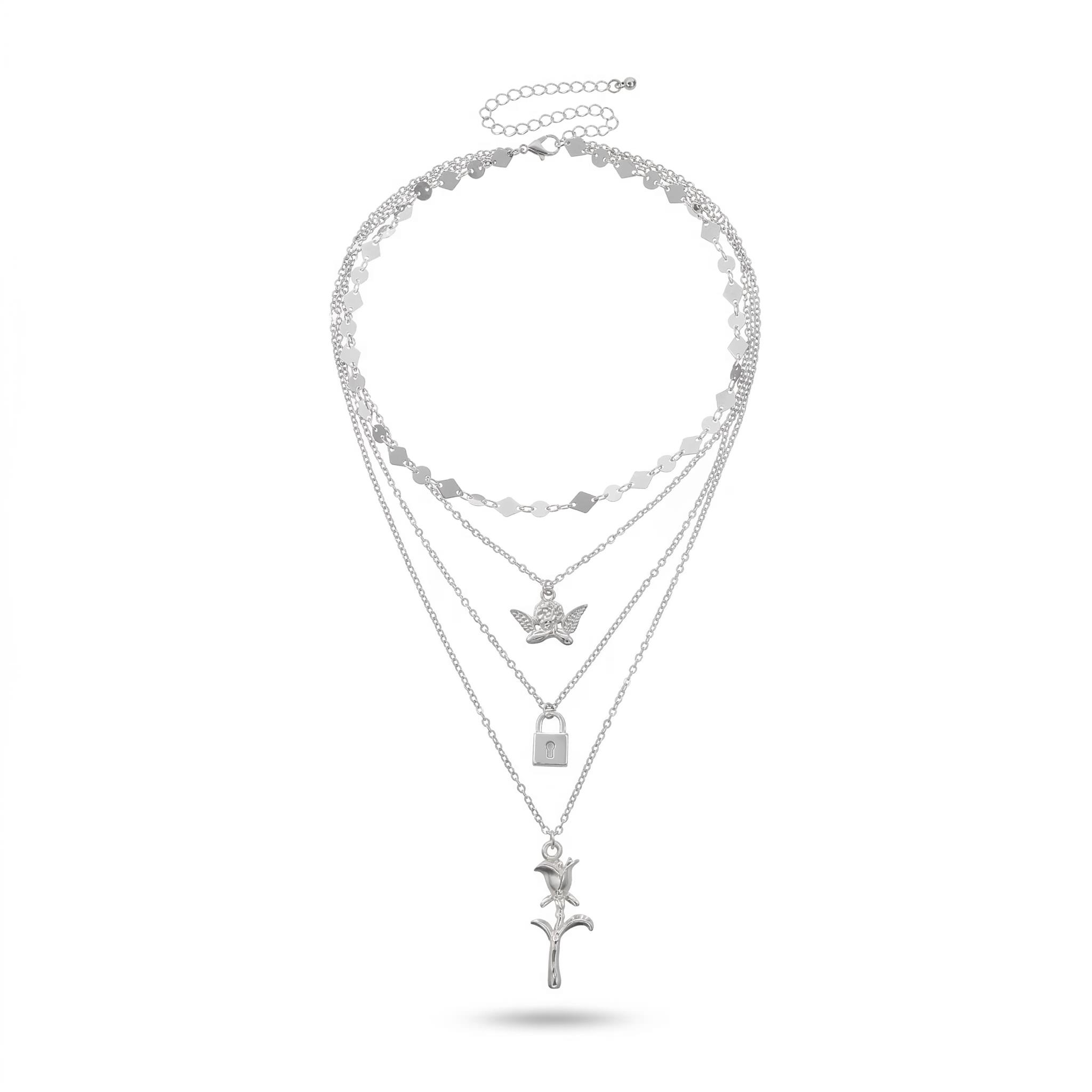Angel Lock Rose Pendant Layered Necklace
